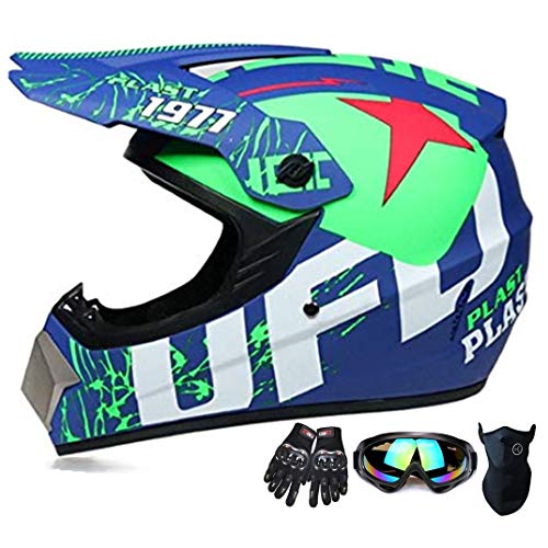 SanQing Suciedad Casco de la Motocicleta ATV SUV Casco de la Casco + Gafas + Guantes de la Bici de Descenso Off-Road Bicicleta de montaña Casco de 4 Piezas Unisex de Campo a través del Casco,Azul,M