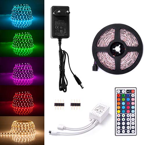 Sunix® Tira LED RGB 2Metro, 60 Leds 5050 SMD Tiras de LED Kit Completo con 44 Tecla IR Remoto y Adaptador Ideal para Decoración del Partido Fiesta