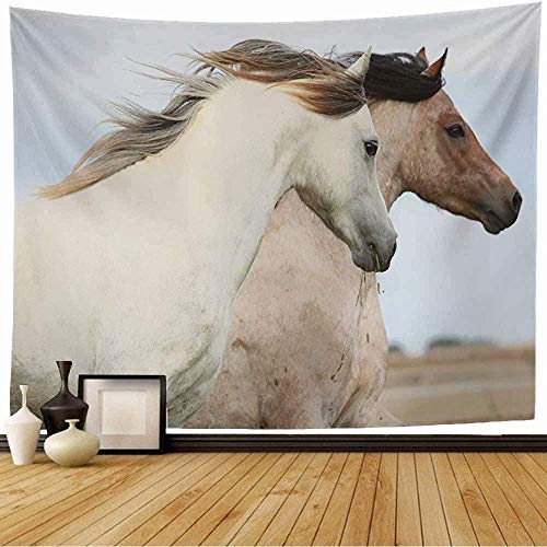 Tapiz de Pared Tapestry Dos Yegua Ponnies Juntos Caballo En Lote Pastizales Verano Blanco Animales Libres Mamíferos Vida Silvestre Velocidad Wall Hanging 80X60inch