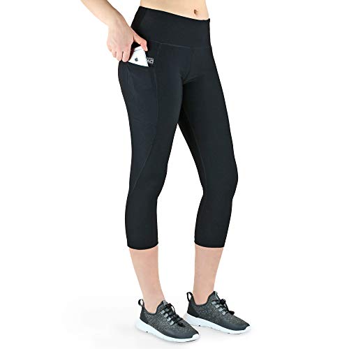 Variosports Sport Capri 3/4 con 2 Bolsillos Laterales para el teléfono móvil, Llaves, Tarjeta de crédito y Mallas de Deporte Co. patrón |Negro M