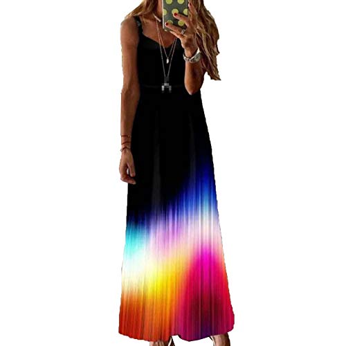 Vestido de impresión Luminosa de Verano Mujeres Casual V Cuello de Espaguetis Correa sin Mangas Vestido Largo Longitud de Tobillo Vestidos Maxi Red S