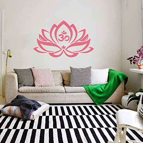 Vinilo decorativo de pared, diseño de flor de loto con símbolo OM, mandala, pegatina de arte, vinilo, Rosa suave, 14"h x22"w