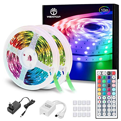 WenTop Tiras LED RGB 10M, Luces LED Habitación, 5050 Multicolor, Control Remoto de 44 Botones y Fuente de 12V Alimentación, Luz Led de Colores, para Dormitorio, Techo, Pared Decoración e Iluminación