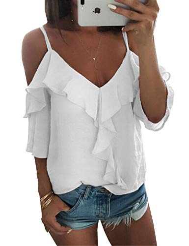 WOZNLOYE Mujer Sexy Cuello V Sin Hombro Blusas Color Sólido Tops Moda Hoja de Loto Lado Camisas Verano Camisetas