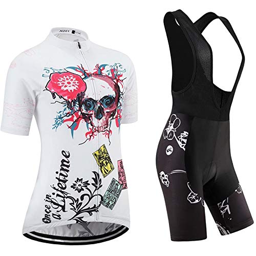 WPW Conjunto de Maillot de Ciclismo para Mujer, Trajes de Ciclismo con Cremallera Completa y Transpirables de Verano, Maillots de Manga Corta y Culotte con Tirantes Acolchado en 3D (Color : A - L)