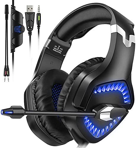 XXT Auriculares para juegos para PS4 XBOX ONE PC, auriculares con cancelación de ruido con micrófono de oído con micrófono de 3,5 mm Control de volumen LED de luz LED para computadora portátil Mac Sma