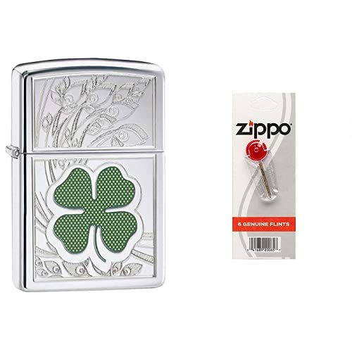 Zippo  Four Leaf Clover Thumbprint Lighter High Polished Cromo + Flint Piedra para - Mechero, Black, 3.5X1X5.5 Cm