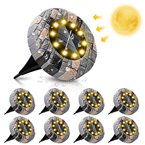 ZumYu 8 Piezas Luces Solares LED Exterior Jardin, 10 LED Iluminación Amarilla Cálida de Alto Brillo, Luces Solar de Tierra IP65 Impermeable para Camino, Calzada, Césped, Escalón, Valla de Escalera