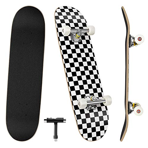 Benewell Monopatín completo Funboard 79 x 20 cm con 7 capas de madera de arce, para niños, jóvenes y adultos, diseño de rejilla en blanco y negro