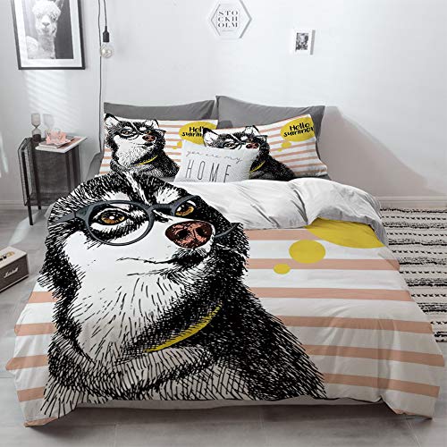 Big horn deer 3 Piezas Bedding Juego de Funda de Edredón,Alaskan Malamute, diseño Retro Cute Hipster Husky con Gafas Diciendo Hello Sketch Art,Funda Nórdica Microfibra - Suaves y cómodas,200 x 200cm