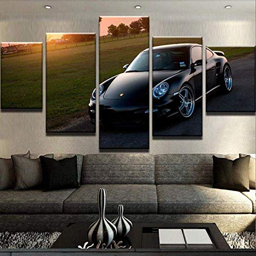 Cinco módulos, Pintura de la Lona Pintura pinturas decorativas 200x100CM Black Porsch 911 Turbo Supercar Sunset Impresiones del Arte de la Pared Cartel Decoración del hogar Lienzo Cuadros para Sala