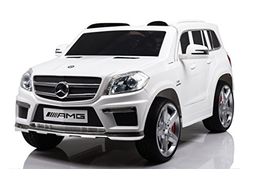 Coche eléctrico de 2 plazas para niños representando a un Mercedes GL63 AMG, con asientos de piel, ruedas de goma y mando a distancia, color blanco, 12 V.