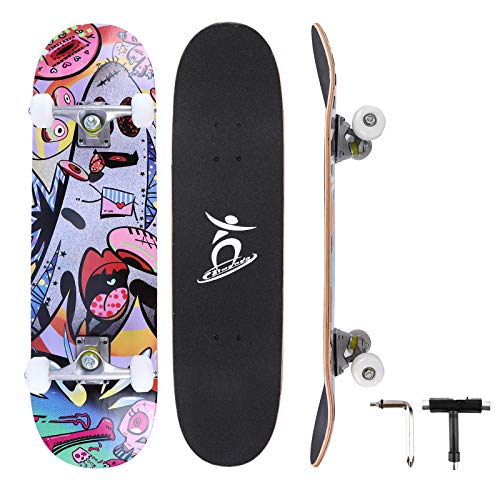 Colmanda Completo Skateboard para Principiantes, 79 x 20 cm Tabla de Skateboard, 7 Capas Monopatín de Madera de Arce con Rodamientos ABEC-7, Monopatín Completo para Adolescentes Adultos Niñas Niños