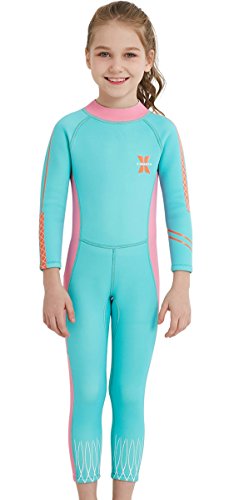 DIVE&SAIL - Mono de Neopreno para Niños con Mangas Largas Elástica Traje de Neopreno de 2.5mm Anti-UV con Cremallera Actividades Acuáticas - Azul Rosa - Tall L