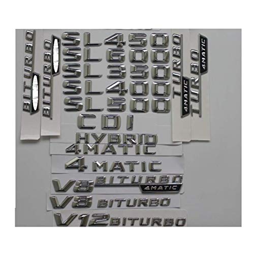 Emblemas de plástico cromado para letras traseras para Mercedes Benz SL350 SL400 SL280 SL300 SL500 SL600 CDI 4MATIC (1 par TURBO 4MATIC, cromo? plateado brillante?)