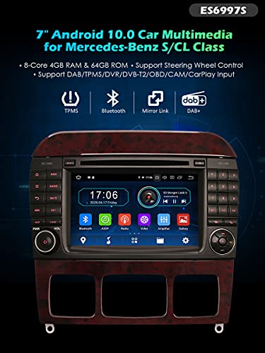 Erisin Estéreo de Coche Compatible ES6997S 7" Android 10.0 GPS BT Dab por Mercedes S-Class W220 CL-Class W215