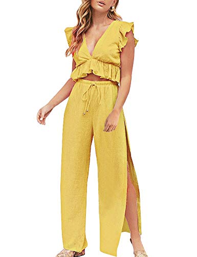 FANCYINN 2 Piezas Mujer Conjunto Fiesta Playa Verano Pantalon y Top Mono Amarillo