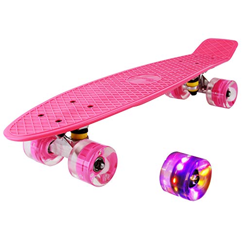 hausmelo Monopatín mini Cruiser retro para principiantes, niños, jóvenes y adultos, tabla completa de 57 x 16 cm con rodamientos ABEC-7, ruedas LED de poliuretano, herramienta T (rosa)