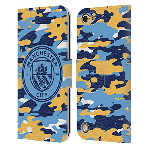 Head Case Designs Licenciado Oficialmente Manchester City Man City FC Club Mono Chapa Camou Carcasa de Cuero Tipo Libro Compatible con Apple iPod Touch 5G 5th Gen