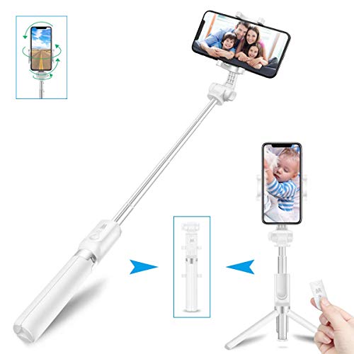 LATEC Palo Selfie Trípode Bluetooth 3 en 1 Mini Bolsillo Monopie Extensible inalámbrico Selfie Stick Rotación de 360 ° para iPhone Android Teléfonos de hasta 3.5-6 Pulgadas (Blanco)