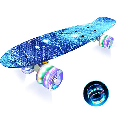 LISOPO Skateboard Monopatin 22’’55cm, Mini Cruiser Retro Crucero 4 PU Ruedas Flash LED, ABEC-7 Rodamiento, Tabla de Plástico Reforzado para Principiantes, Niños y Adultos, niños