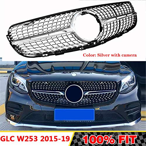 LSYBB Rejilla de Diamante Rejilla Estilo AMG Adecuado para Mercedes Benz Clase GLC W253 X253 GLC43 GLC200 GLC250 GLC300 GLC450 2015-2019,Silver+Camera