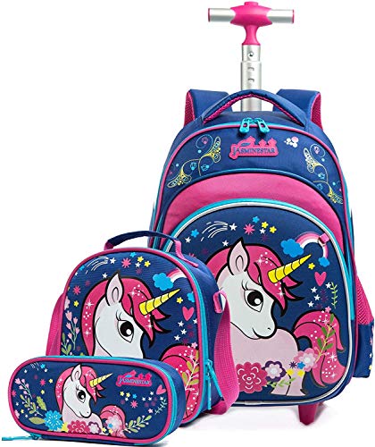 Mochila Unicornio Escolar con Ruedas niña,Estilo Princesa Estudiantes de Primaria Carros para Mochilas Bolsa de Almuerzo Estuche Escolares Equipaje de Viaje Multifuncional(Azul)