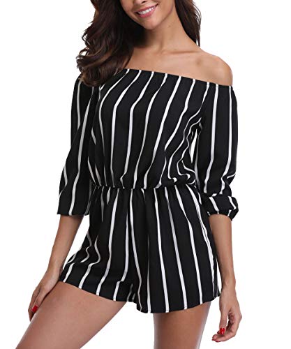 Mono de Mujer de Rayas Blanco y Negro Traje de Juego Sexy sin Hombros 3/4 Manga con Cintura Off Shoulder - XL