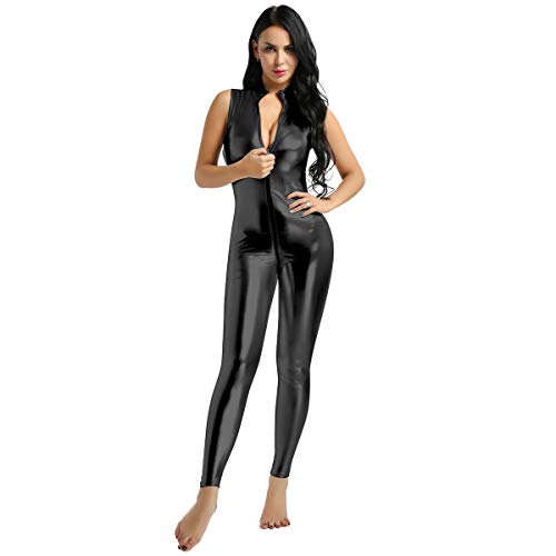 MSemis Maillot Brillante Completo Gimnasia para Mujer Mono Danza Body Entero de Cuero Maillot Catsuit Sexy Disfraz Dance Carnaval Despedida Traje Pole Negro A Medium