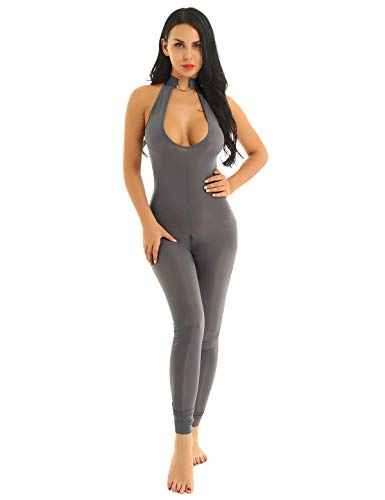 MSemis Maillot de Danza para Mujer Sexy Mono Body V Profundo Cuerpo Completo Jumpsuit Elástico Traje de Pole Dance Baile Moderno Nightclub Gris Large