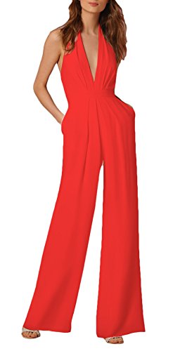 Mujer Monos De Vestir Fiesta Largos Pantalones Dulce Lindo Chic Elegantes Sin Mangas V Cuello Hombro Descubierto Espalda Descubierta Moda Coctel Fiesta Mono Largo Jumpsuits (Color : Rojo, Size : L)