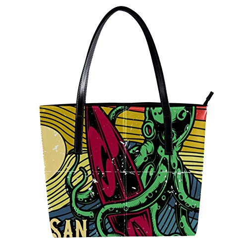 Octopus con monopatín de las mujeres, bolso de cuero suave con asa de la bolsa de la bolsa de la bolsa de mensajero para el trabajo de viaje grande