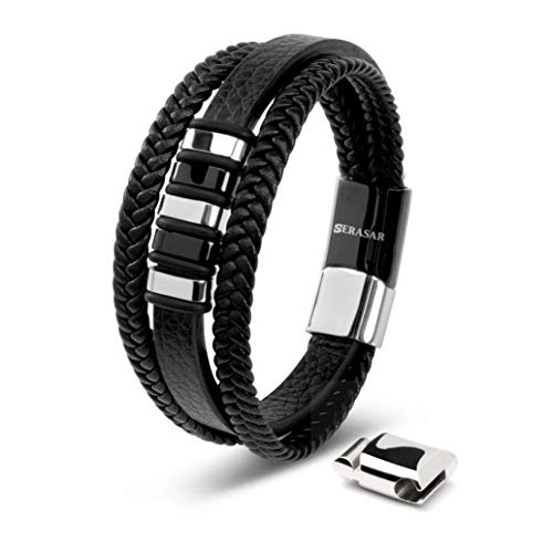 SERASAR Pulsera Plata Hombre 20cm Plateado Pulsera de Cuero Chico Pulseras Hombres Brazalete Pulso Muñequeras Bisuteria Bisutería Joyeria Nudos Cuerda Cuerdas Bracelet Mens Jewellery Unisex Ancha