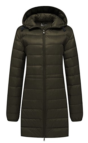 Wantdo Chaqueta de Pluma Larga Plumiferos Ajustados de Moda Chaqueta de Plumón para Viaje Empaquetable Abrigo Acolchado Largo Capucha Mujer Verde Oscuro 3X-Large