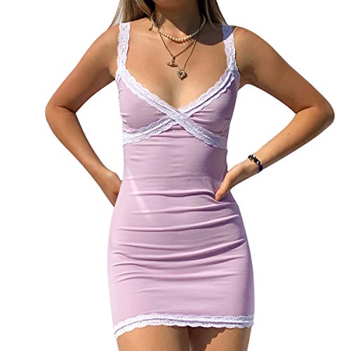 Women 's Solid Color Lace Trim Mini Dress, Sling V Neck Bodycon One Pieces Dresses Clothes (Pink, M)