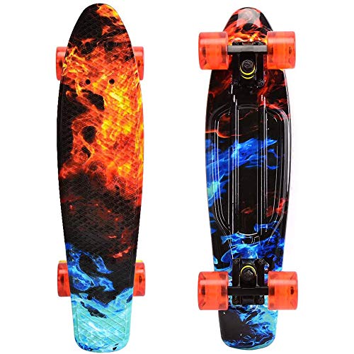 WonderTech Mini Cruiser Monopatín completo retro 56cm,Fuego Tabla de skate vintage con borde de plástico cruiser tabla con PU rueda flash Rodamiento para adultos niños y niñas