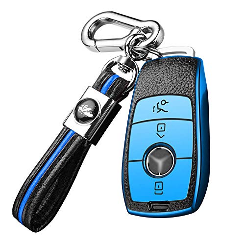 XINERJIA para Mercedes Car Key Cover Premium Soft TPU Leather Key Fob Cover Holder Protector para Mercedes A Clase C Clase SLK Remote Car Key Case Keyring Key Fob A Blue