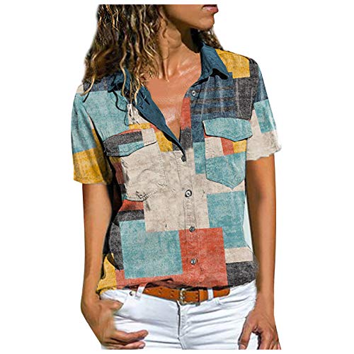 YANFANG Blusa Moda para Mujer Casual,Monos Tipo Camiseta De Manga Corta,Manga Corta BotóN ImpresióN Camisetas con Cuello En V Tops Blusa,Azul Claro,Negro,Azul,Gris,Amarillo,Azul Oscuro,S,M,L,XL,XXL