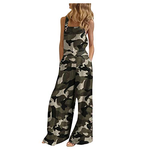 YANFANG Mono sin Mangas para Mujer, Enterizo Largo y hplgado, con Estampado,Informal, Pantalones de Pechera de Pierna Ancha de Verano, Army Green,XL