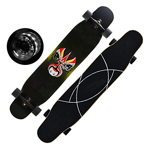 YATT Longboard Monopatín, 46.5"8 Capas Arce Negro Rueda Intermitente Cara De Flor Patrón De Ópera De Pekín Baile Longboard Adecuado para Adultos Jóvenes Niños Niñas