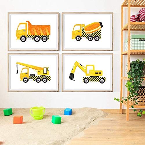 YHHZW Pintura de Acuarela sobre Lienzo Impresión de Arte Póster Vehículo de construcción Habitación de niños Decoración de Pared Camión volquete Tractor Camión Excavadora-40x60cmx4 Sin Marco