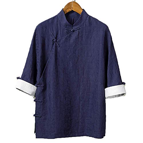 YOUTH BURST Tai Chi Ropa Tang Traje Hombre Verano Algodón Y Lino Camisa De Manga Corta Estilo Chino Camisa Hanfu Estilo Chino Estilo étnico Juvenil,L-Blue