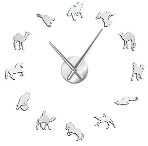 ZHENAO Modern Mute Wall Reloj Camel Arabian Horse Peregrine Falcon Diseños Mixtos Diy Gigante Reloj de Pared Postre Animales Pared Arte Mural Reloj de Pared sin M de 37 Pulgadas-Plateado Relo