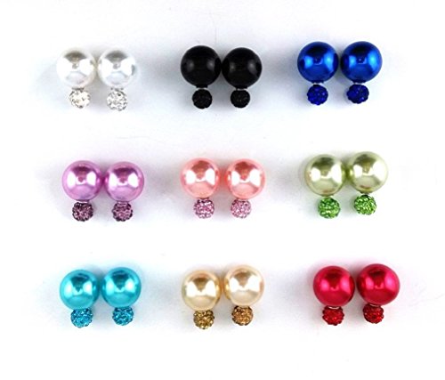 Zhichengbosi 9 pares de pendientes botón de perla arcilla de polímero con brillantitos, pendientes de bola doble, perforadores