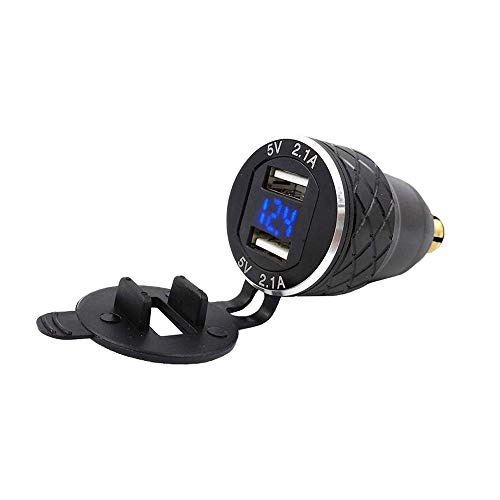 Adanse Adaptador de DIN a USB doble de 5 V 2,1 A, aleación de aluminio, cargador USB para motocicleta, enchufe Din, enchufe enchufe, voltímetro para moto, teléfono, GPS y Satnav