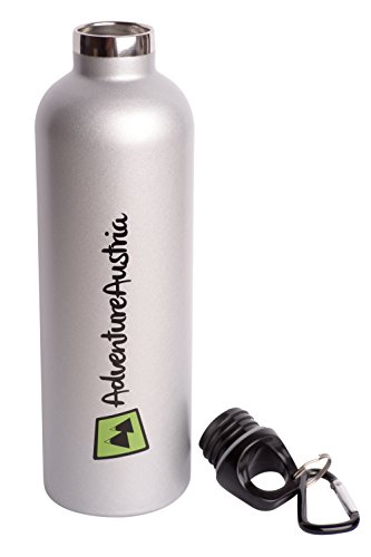 AdventureAustria Botella Acero Inoxidable de 500ml Botella de Agua Deportiva Térmica - con Doble Aislamiento y Mosquetón de Aluminio. Bebidas Frías o Calientes Senderismo, Gimnasio etc. (500ml)