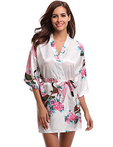 Aibrou Kimono Mujer Novia Bata Corto Sexy y Elegante con Pavo & Flores Pijamas Albornozes Camison Mujer Suave,Cómodo,Sedoso y Agradable