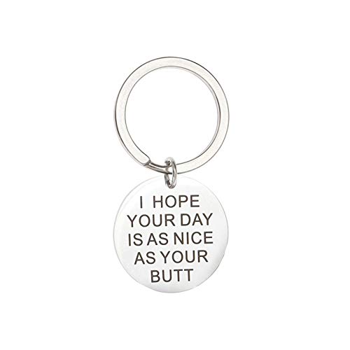 AmDxD Porte Clé Moto, Anneaux Porte Clef Acier Inoxydable Rond Plaque Militaire Gravure l Hope Your Day LS AS NlCE AS Your Butt Style D, Argent, 3.5 X 3.5CM