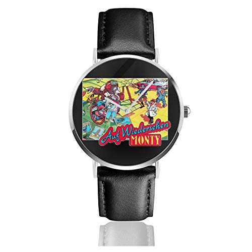 Auf Weidersehen Monty Reloj de Pulsera Unisex de Cuarzo con Correa de Cuero Negro para Hombres y Mujeres, colección de Regalo