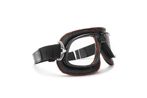 BERTONI Gafas Moto para Harley y Custom en Cuero Negro y Costuras Naranja - Mod. AF196 Italy Gafas Vintage Motoristas para Cascos Chopper (Lente Clara)